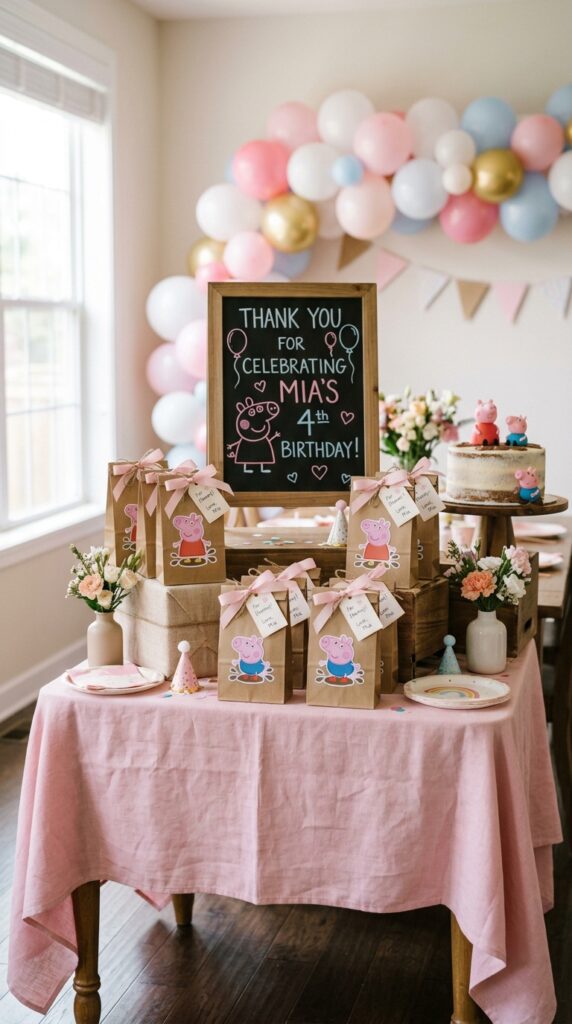 Peppa Pig favor table with rows of pink gift bags, chalkboard sign, and ribbon-tied favors
