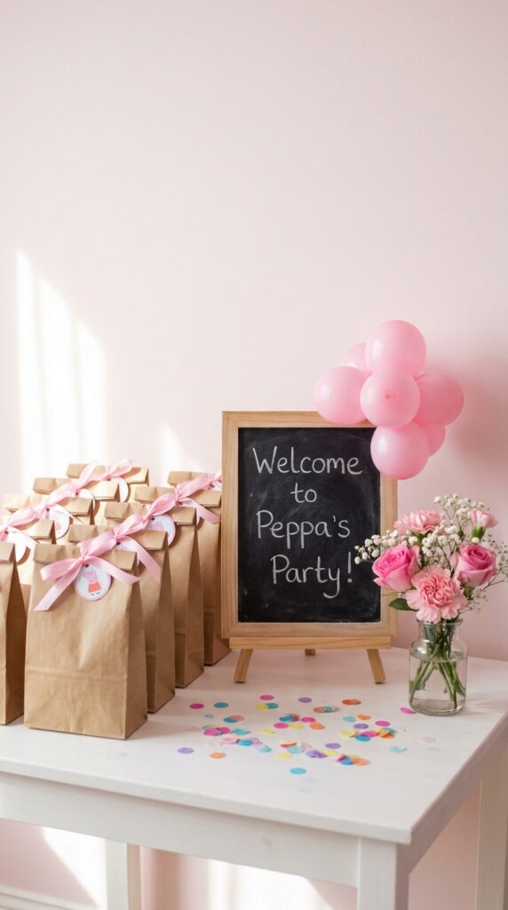 Peppa Pig birthday party photo booth corner with pink fringe backdrop, character cutouts, and prop box.
