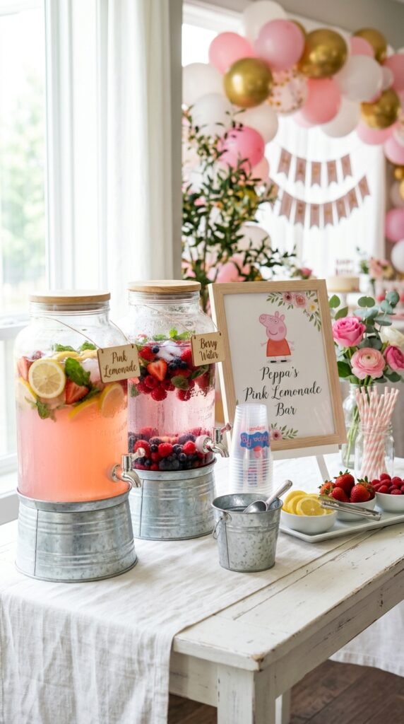 Peppa Pig party pink lemonade bar station with glass dispensers, flowers and themed signage