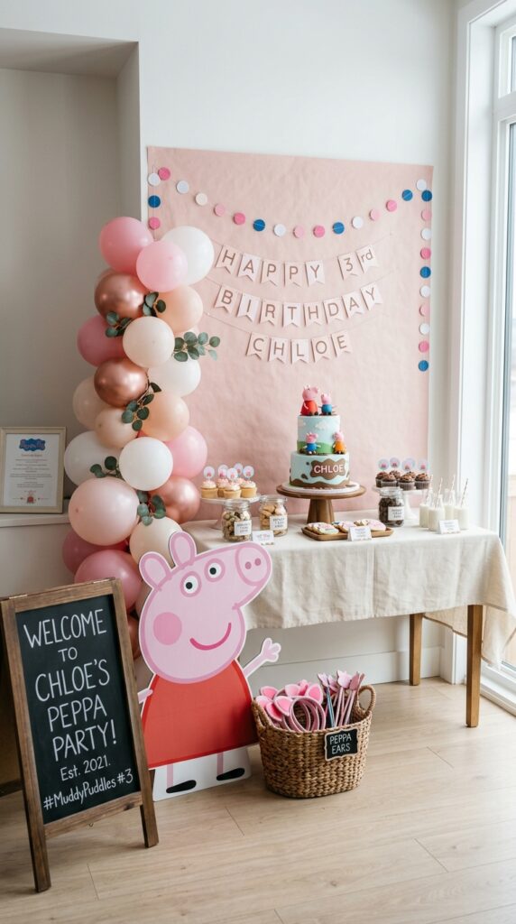 Peppa Pig photo booth with pink backdrop, Peppa cutouts, balloon clusters, and prop basket