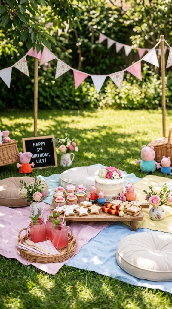 Outdoor Peppa Pig birthday picnic setup on lawn with pastel blankets, pink flowers and treats