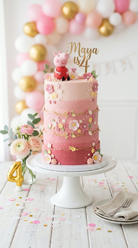 Pink ombre Peppa Pig birthday cake on white stand with fondant flowers and pink balloons