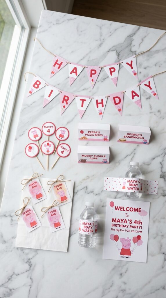 Peppa Pig birthday party printable decor package including banner, cupcake toppers, food tent cards, and water bottle labels.