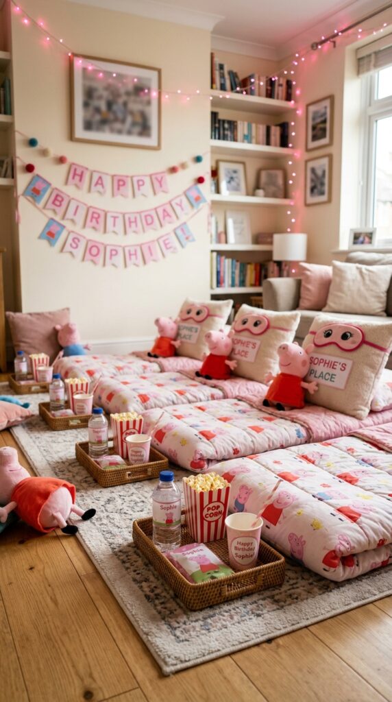 Peppa Pig slumber party setup with sleeping bags, pink string lights, personalized snack trays, and eye masks on floor.