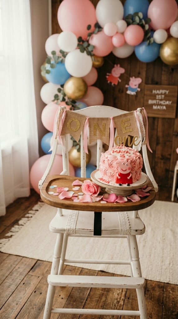 Peppa Pig smash cake setup in a white high chair with a small pink fondant cake and a personalised banner for a 1st birthday.