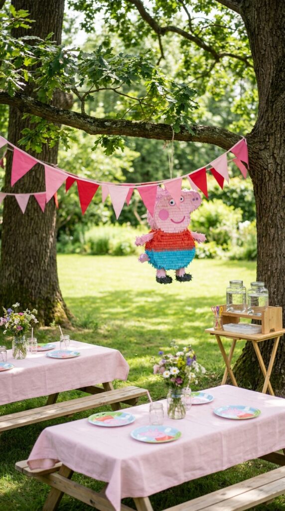 Peppa Pig themed snack bar with pink food label flags, muddy puddle jello cups, pink popcorn, and strawberry lemonade dispenser.