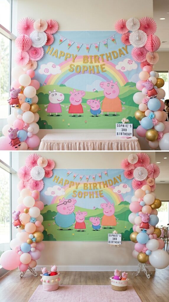 Peppa Pig themed backdrop wall with printed party backdrop, tissue paper fans, glitter letter banner, and balloon clusters for a birthday party.