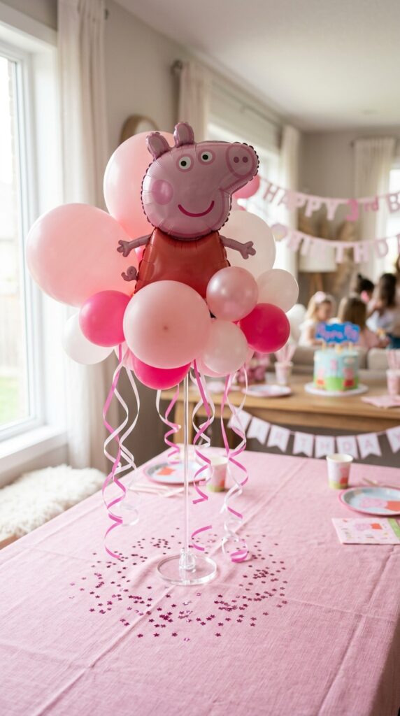 Peppa Pig balloon centerpieces with pink and white balloons and Peppa face balloon on party table