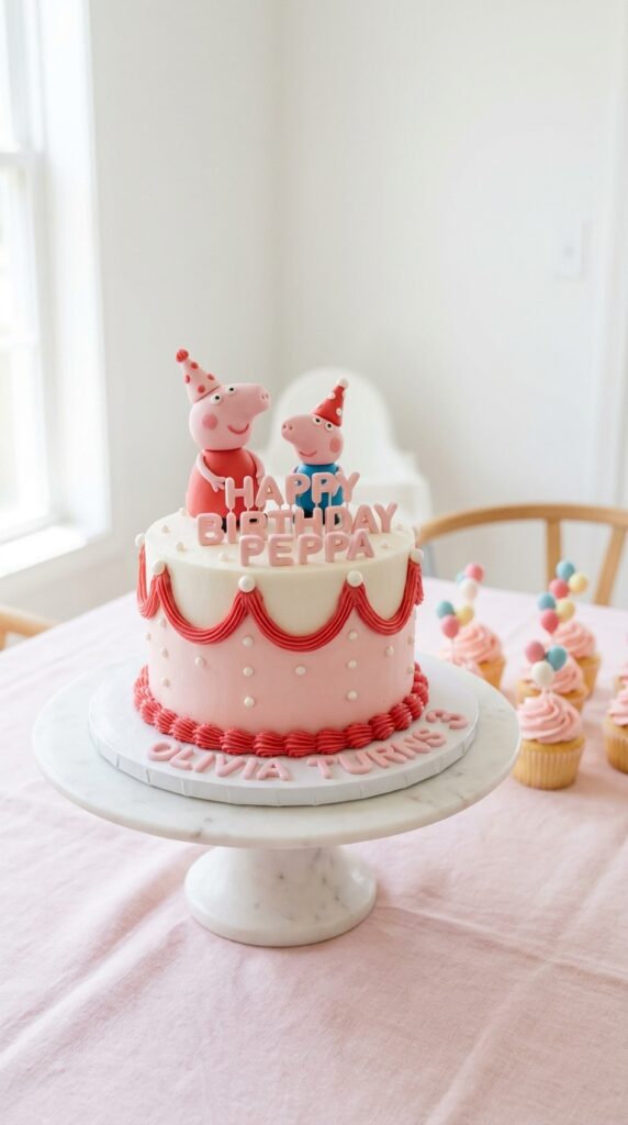Homemade two-tier Peppa Pig birthday cake in pink and white with character figurine topper and polka dot details.