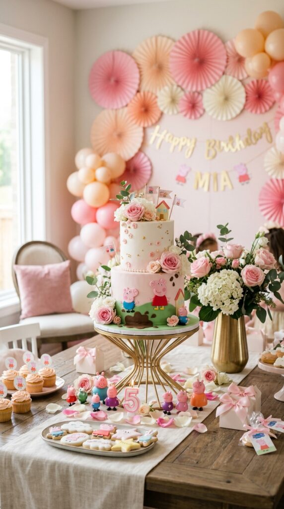 Peppa Pig birthday cake table with tiered cake on gold stand, figurines, and pink fan backdrop