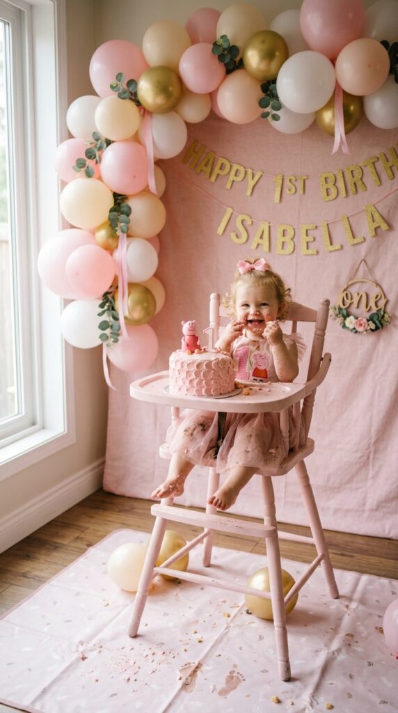 Peppa Pig birthday cake smash corner with high chair pink backdrop balloon cluster and smash cake