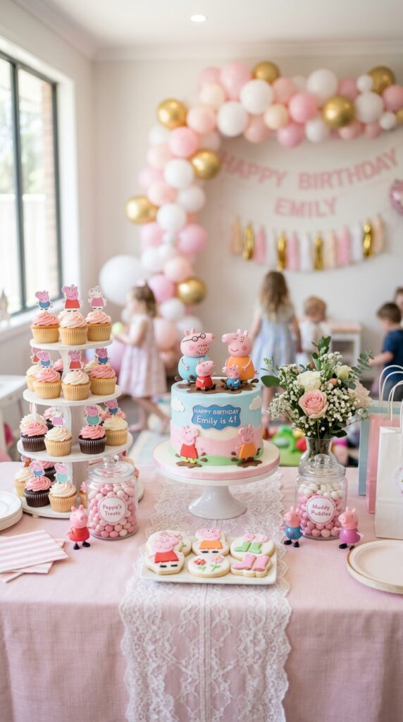 Peppa Pig birthday dessert table with pink cupcakes, themed cake, and pastel decorations for a toddler party