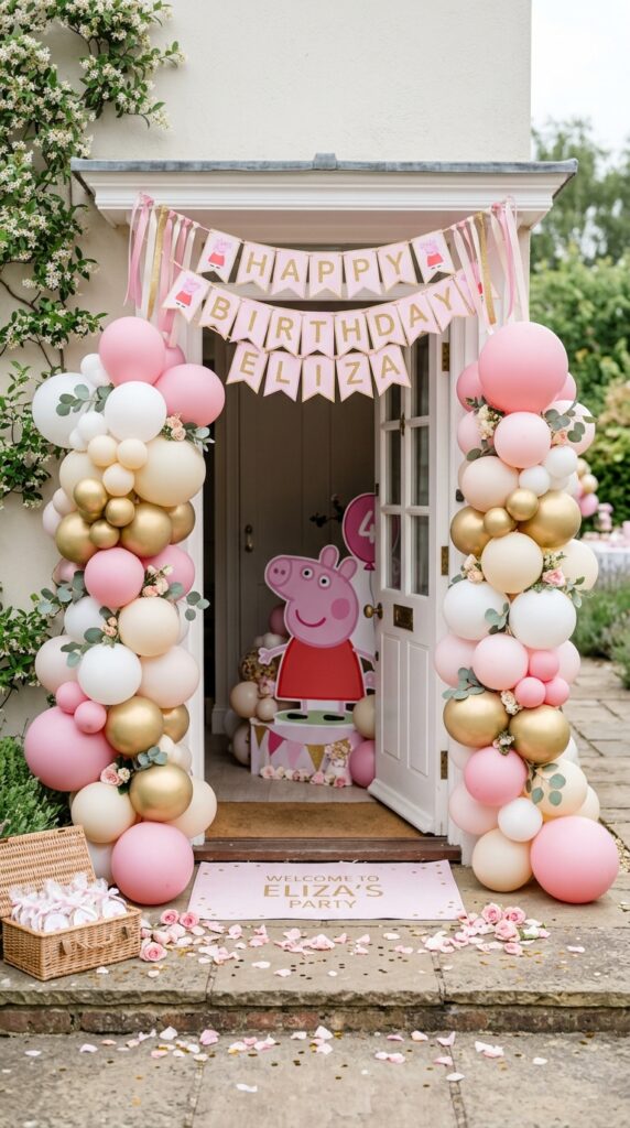 Peppa Pig birthday party entrance with balloon doorframe pink banner and character standee