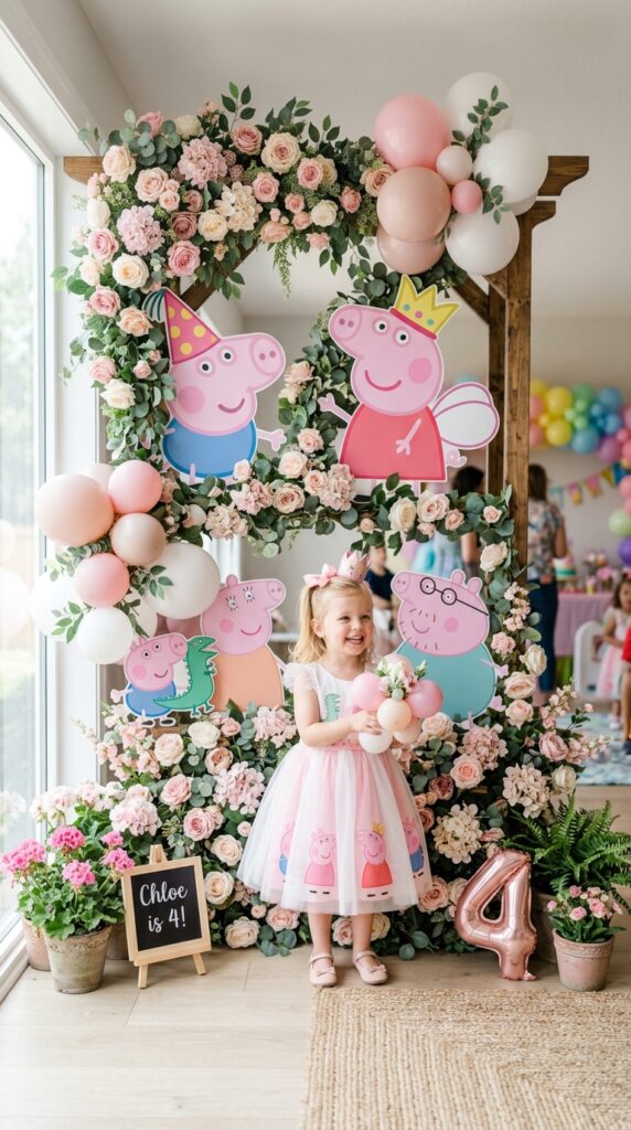 Peppa Pig themed floral backdrop with pastel pink flowers and character cutouts for a birthday party