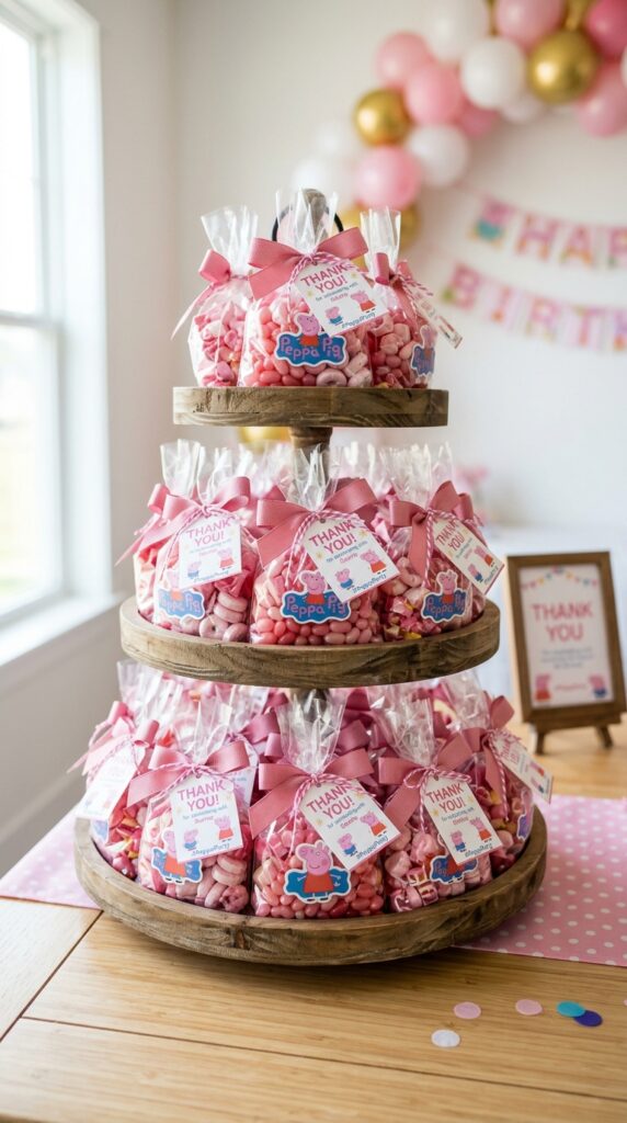 Peppa Pig party favor bags in clear cellophane with pink ribbons on a wooden tray