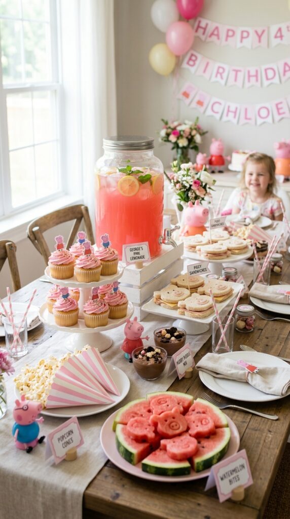 Peppa Pig themed birthday party food table with pink snacks, labeled dishes, and character figurines