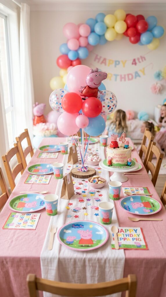 Peppa Pig themed kids birthday party table with plates cups confetti and balloon centerpiece