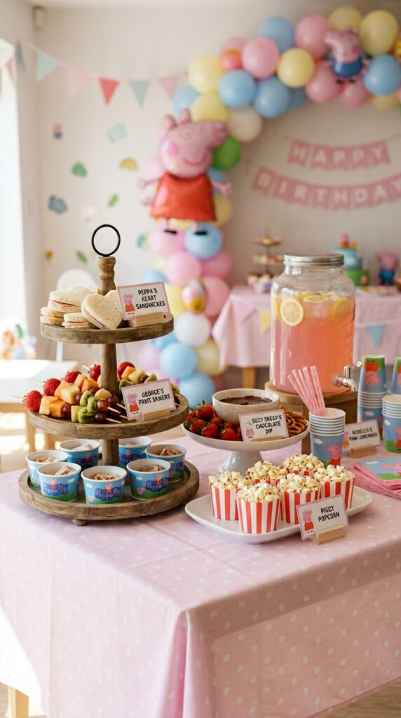 Peppa Pig themed food and snack station with pink heart sandwiches, fruit skewers, and a pink lemonade dispenser on a decorated table.