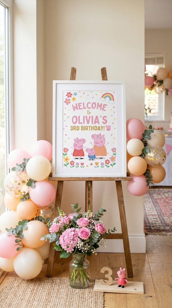 Personalised Peppa Pig welcome sign in a white frame on a wooden easel surrounded by pink balloons and flowers.