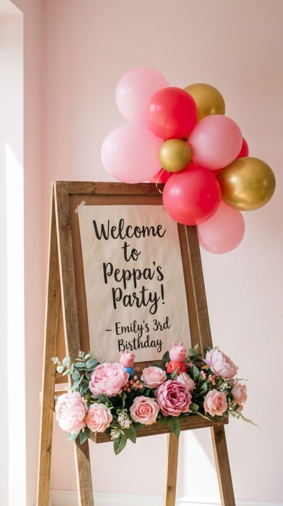 Peppa Pig birthday party welcome sign on wooden easel with pink balloons and faux flower vignette at party entrance.