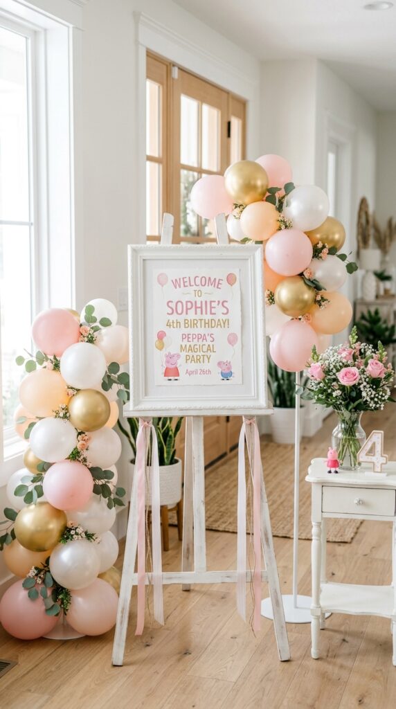 Peppa Pig welcome sign on wooden easel with balloon clusters and pink flower arrangement