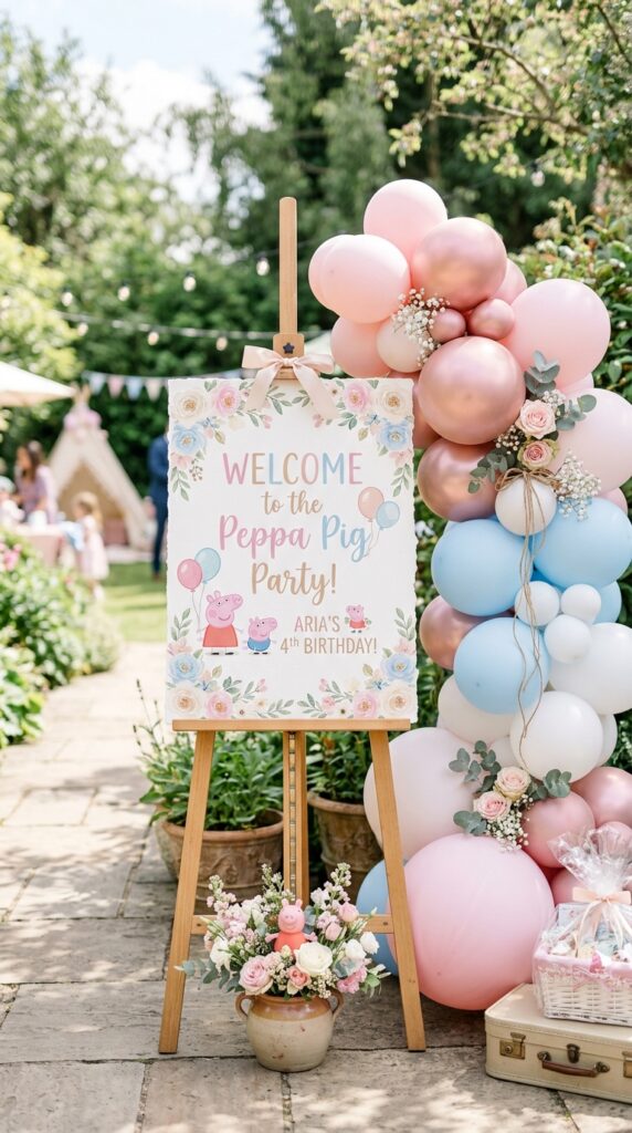 Peppa Pig welcome sign at birthday party entrance with pink balloons and floral arrangement