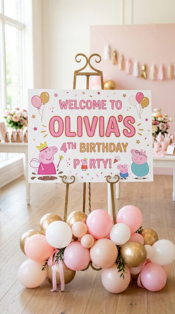 Peppa Pig birthday welcome sign on easel with pink balloons at party entrance