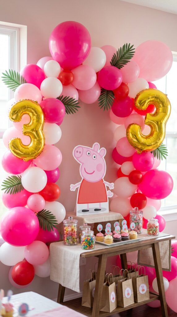 Pink and red Peppa Pig balloon arch entrance for a toddler birthday party with character cutout centerpiece.