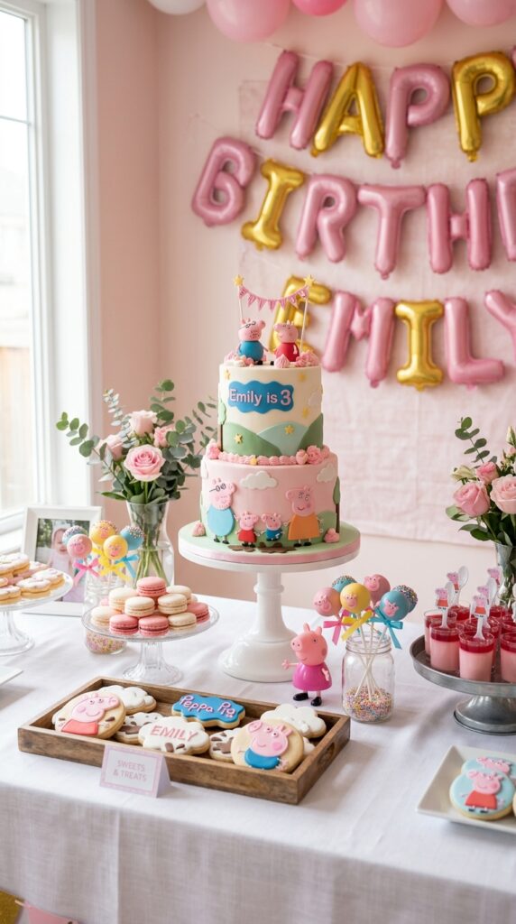 Peppa Pig birthday dessert table with pink cake, macarons, cookies and balloon decor