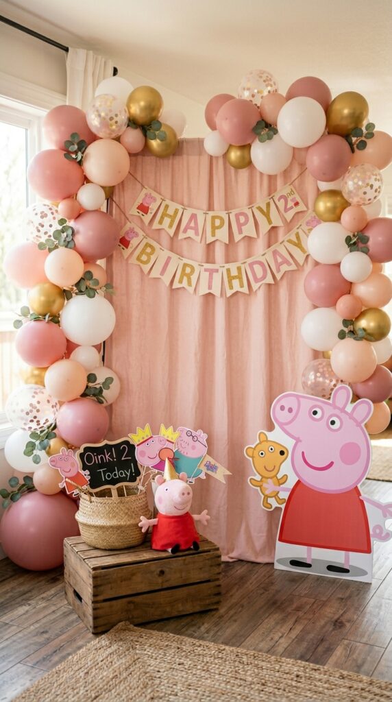 Peppa Pig birthday photo booth with pink backdrop, character standee and balloon decor