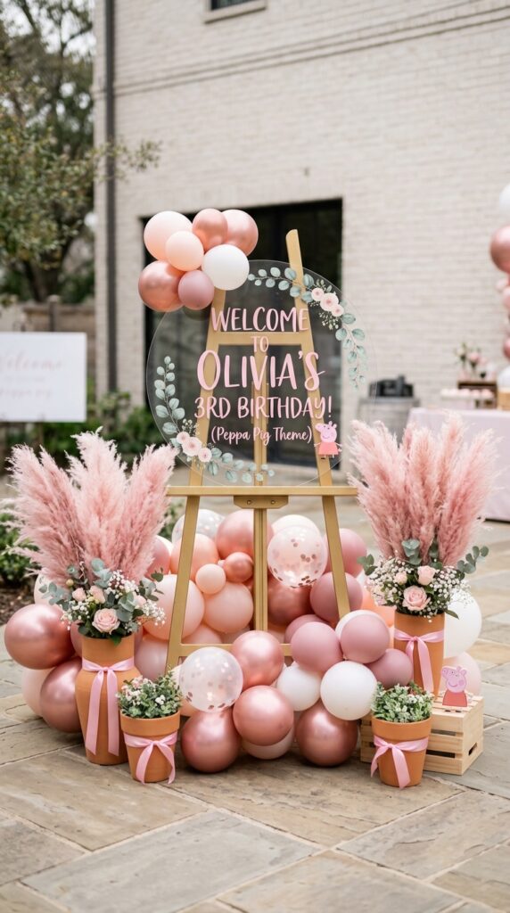 Peppa Pig birthday welcome sign on easel with pink balloons and pampas grass entry decor