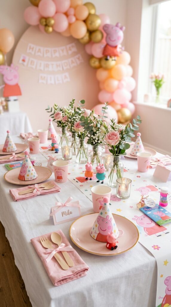 Peppa Pig birthday kids table setting with pink plates, party hats, name cards and floral centerpiece