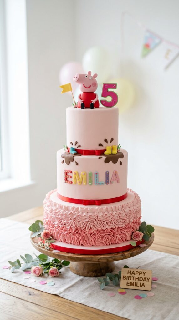 Peppa Pig birthday cake with pink fondant, character decorations, and number five topper.
