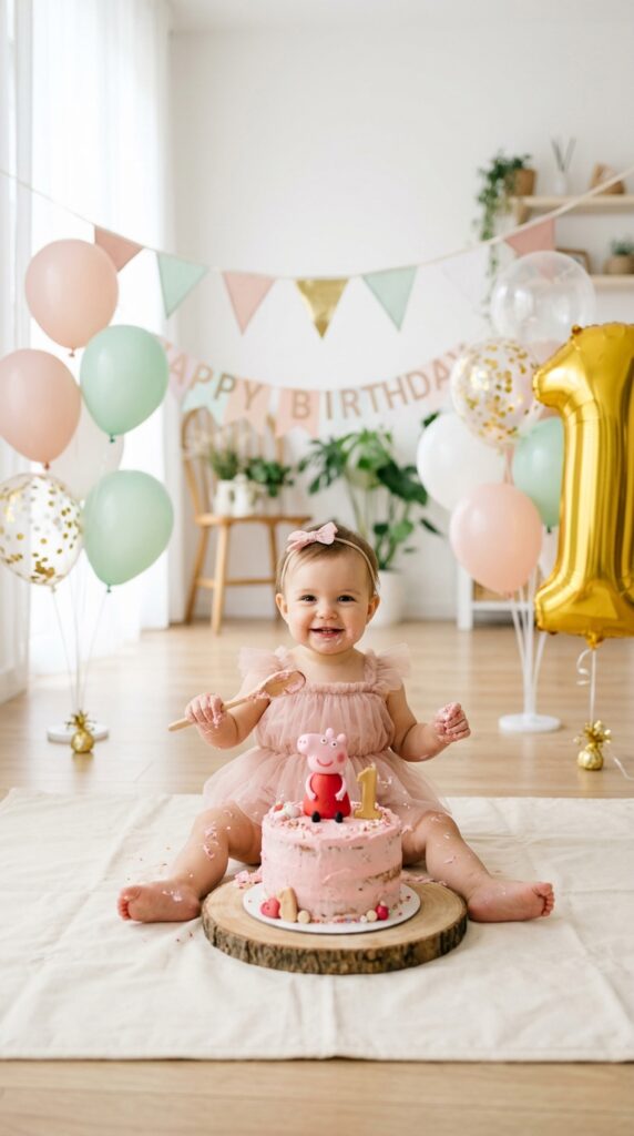 Peppa Pig first birthday cake smash setup on cream rug with pink frosted smash cake, balloons, and gold number one foil balloon