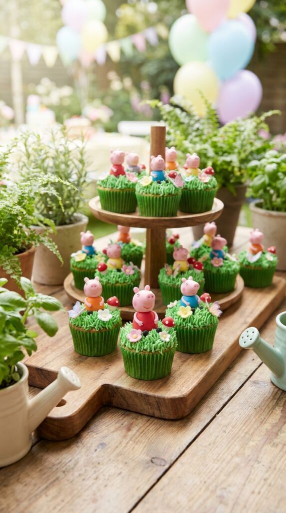 Peppa Pig garden party cupcakes with green grass frosting edible flowers and fondant Peppa figurines on a wooden board