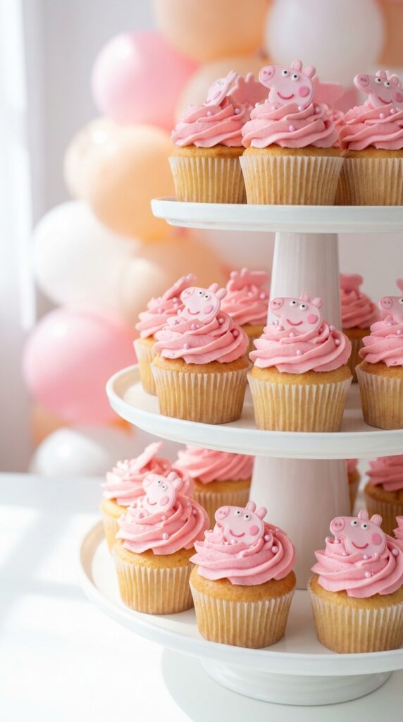 Peppa Pig birthday cupcakes with pink swirl frosting and fondant toppers on a white tiered stand