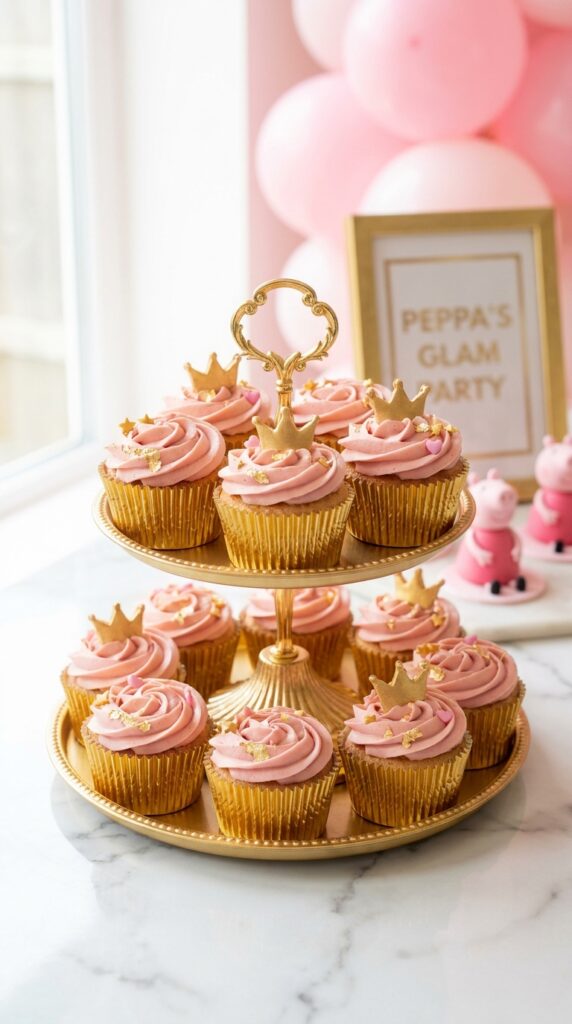 Gold and pink glam Peppa Pig birthday cupcakes with edible gold leaf and rose frosting in gold foil liners