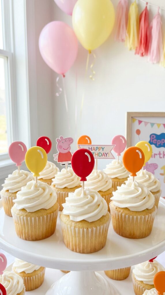 Peppa Pig birthday cupcakes with colorful balloon print toppers in pink yellow and red on a party tray