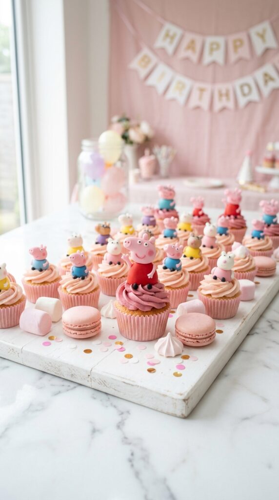 Peppa Pig mini cupcake bites with pink swirl frosting and fondant toppers arranged on a dessert board