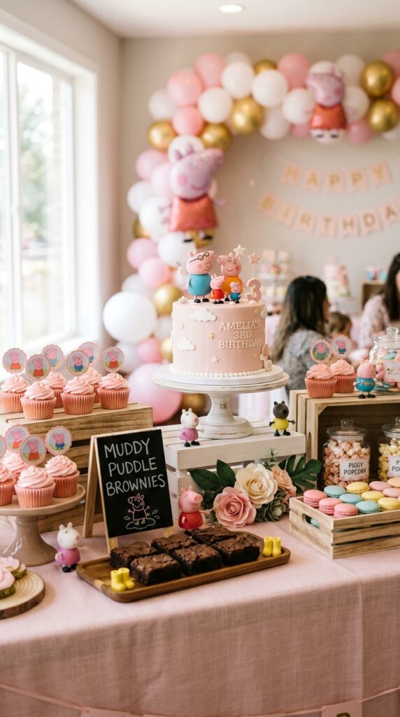 Peppa Pig birthday party dessert table with pink frosted cake, cupcakes, and themed treat labels on a blush tablecloth.