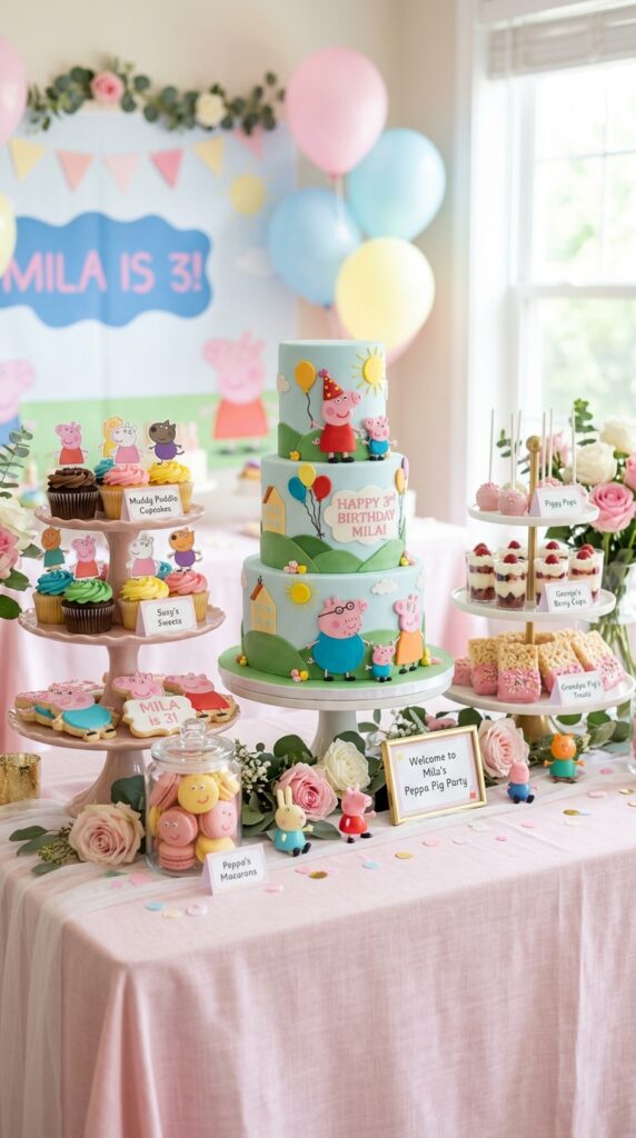 Peppa Pig birthday party dessert table with pink cake, cupcakes, macarons, and themed decorations.