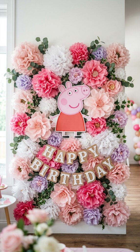 DIY paper flower wall backdrop in pastel pink shades with Peppa Pig silhouette for birthday party photo backdrop.