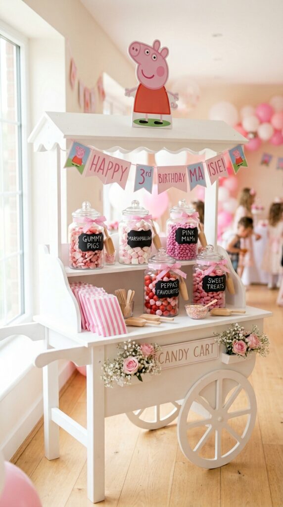 Peppa Pig pink candy bar cart display for birthday party