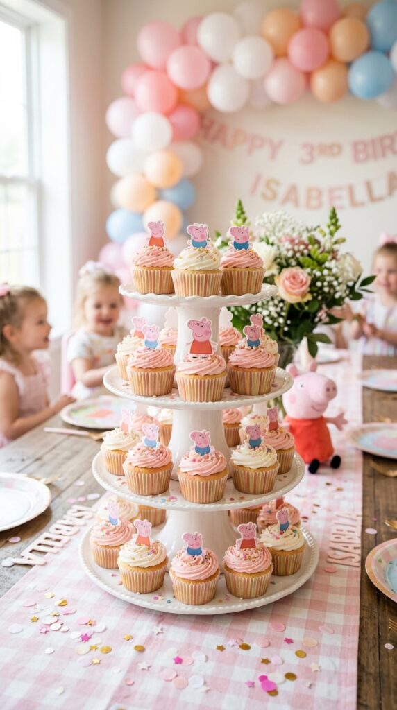 Tiered cupcake stand centerpiece with pink frosted cupcakes and Peppa Pig toppers for a girls birthday party.