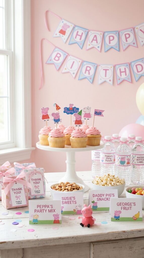 Peppa Pig birthday party printable decor pack with cupcake toppers, banner letters, and food labels arranged on a party table.