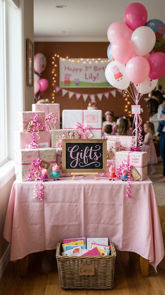 Peppa Pig birthday party gift table with pink decor and balloons