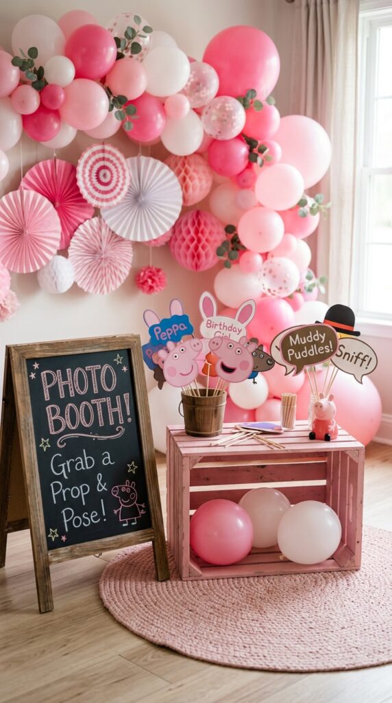 DIY Peppa Pig birthday party photo booth corner with pink backdrop and props