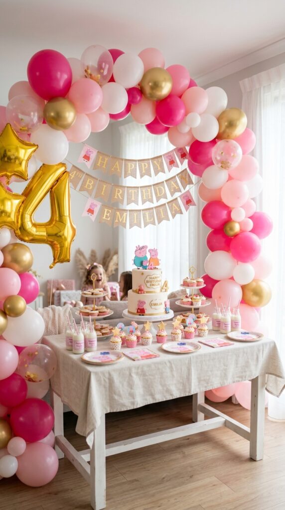 Pink balloon arch backdrop for Peppa Pig birthday party table decor