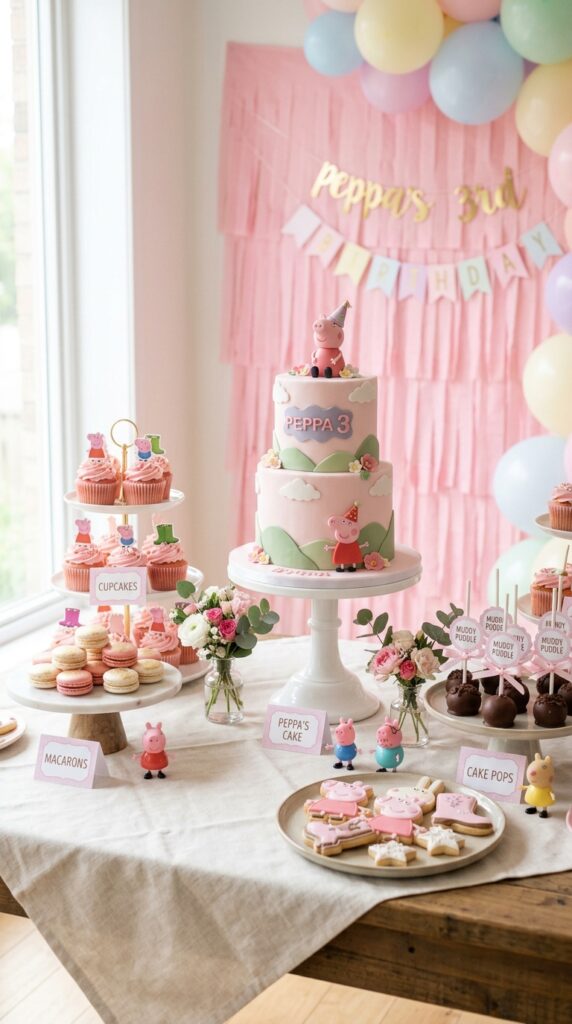 Pastel pink Peppa Pig dessert table setup for birthday party