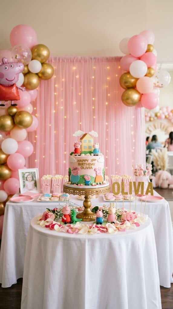 Peppa Pig birthday cake table setup with pink backdrop and balloon decor